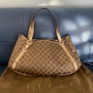 Gucci Brown/Metallic Gold GG Satin And Canvas Medium Abbey Tote GG Monogram